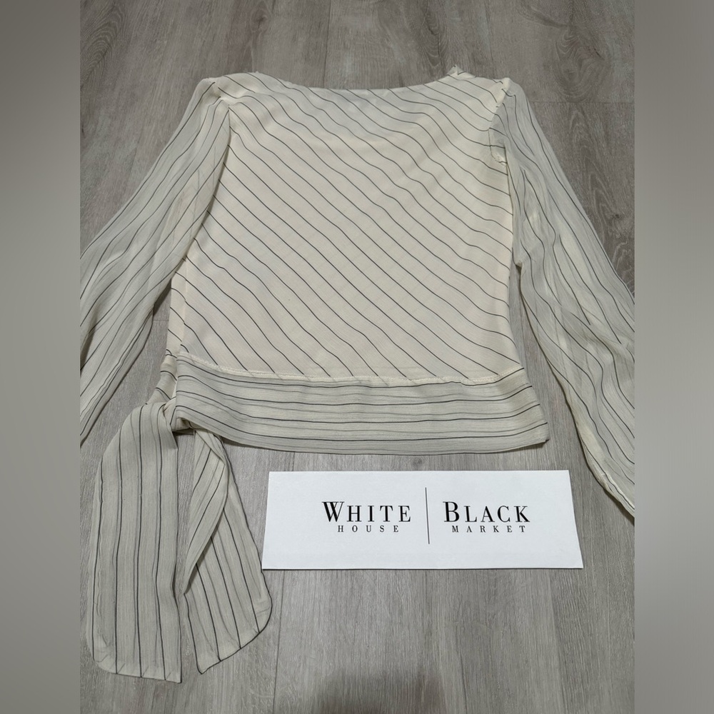 White House Black Market Off White Long Sleeve Top Sheer Sleeves Waist Tie - XS - Picture 2 of 12